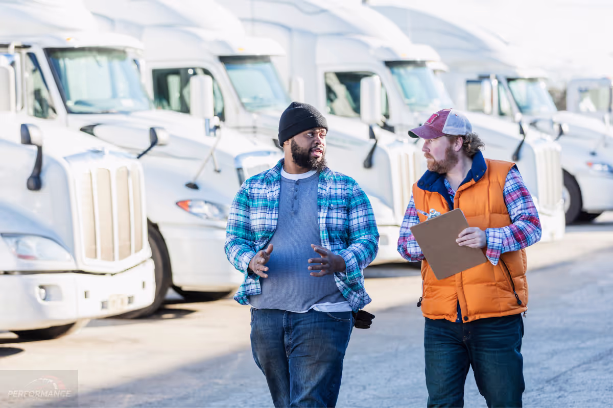 Two fleet workers talking in front of a row of commercial trucks