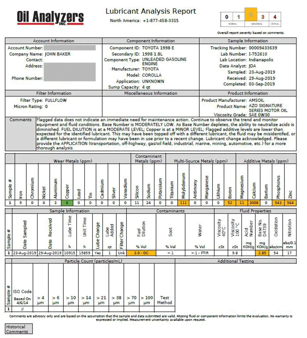 an engine oil analysis report from Oil Analyzers, INC.